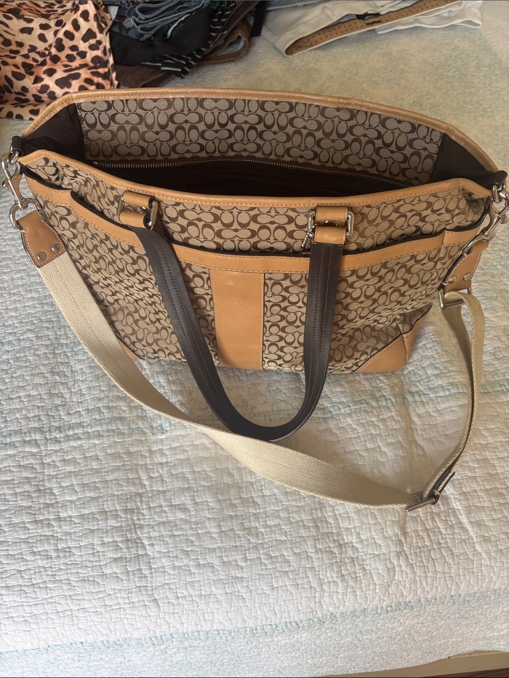 Coach Tan and Cream Signature Canvas Tote with Leather Trim